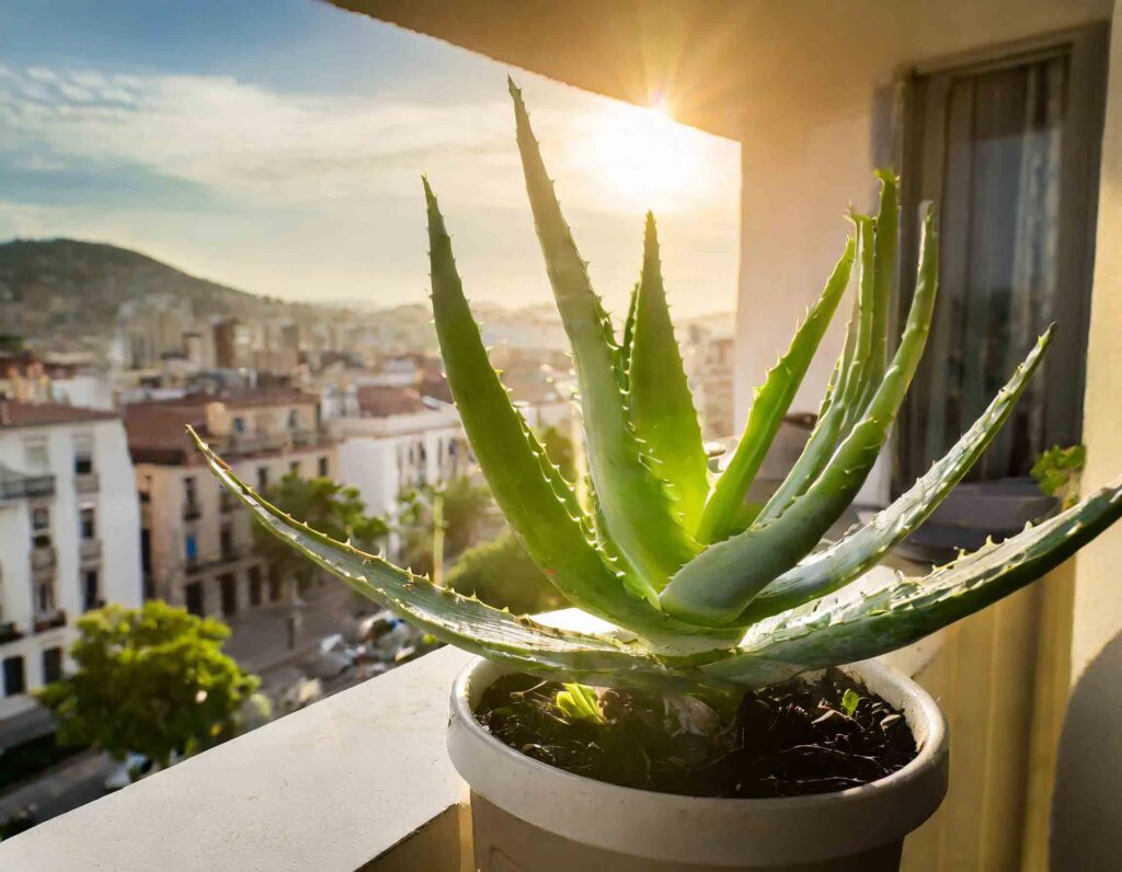 Aloe vera growing on city balcony 
