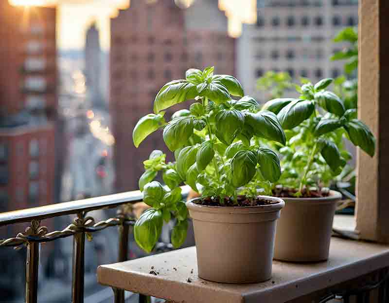 Basil growing on an urban balcony